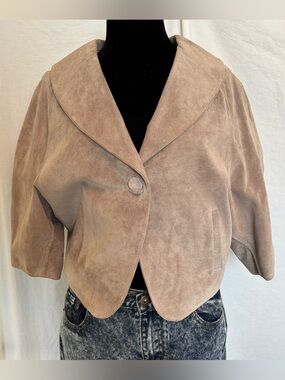 Vintage Taupe Suede Leather Cropped Jacket Minimalist Luxe 90s Boxy Soft L